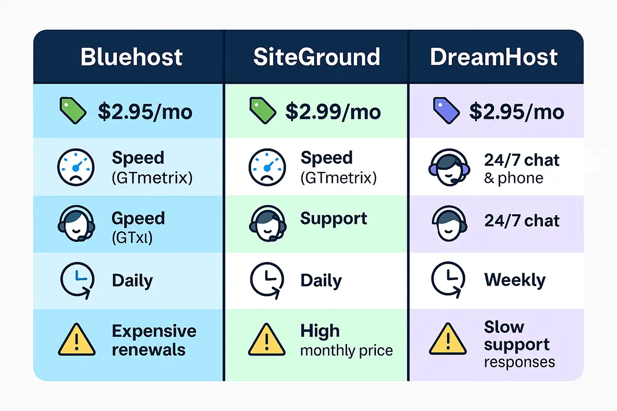 Comparison Table - Bluehost vs SiteGround vs DreamHost